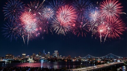 Obraz premium Fireworks explode above a glowing city skyline. Riverside crowds watch, hearts beating with wonder. Colors burst-red, blue, gold-against a dark sky. Bridge lights reflect on water below