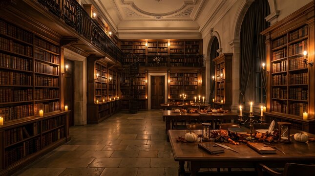 Grand historic library interior with wooden bookshelves and warm candlelight illumination