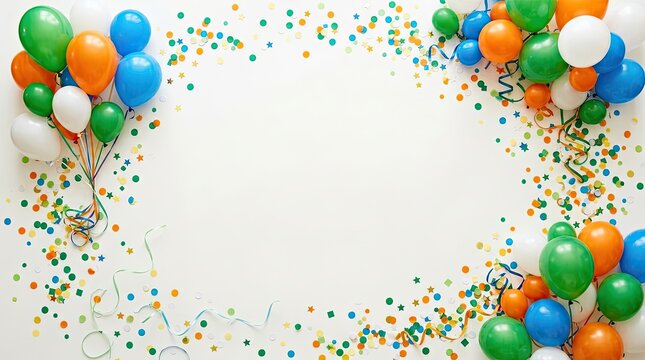Colorful balloons and confetti for celebration or party decoration on white background