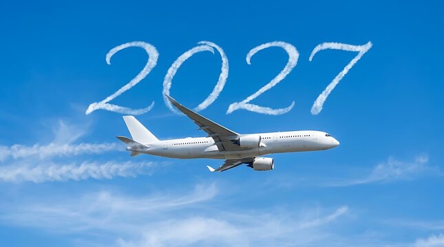 Airplane flying through clouds with the year 2027 written in the sky
