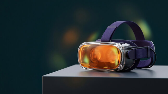 Futuristic virtual reality headset with transparent orange visor and purple strap resting on a platform in a dark modern setting for metaverse gaming.