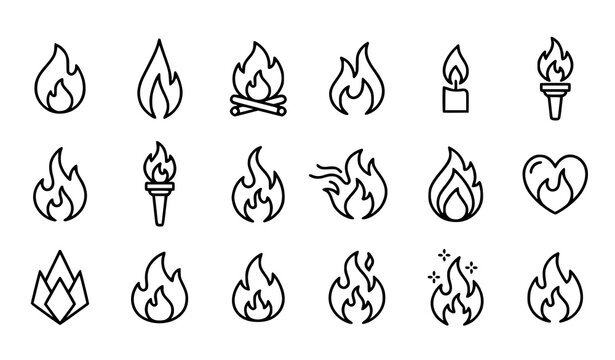 Fire flame line art icon set with various burning and energy symbols for graphic design