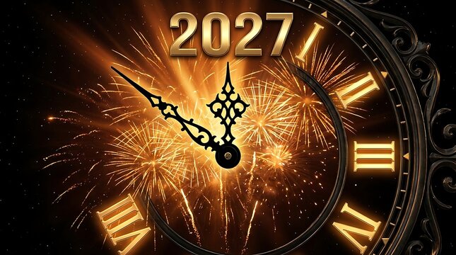 Golden clock striking midnight celebrating the new year 2027 with sparkling light effects