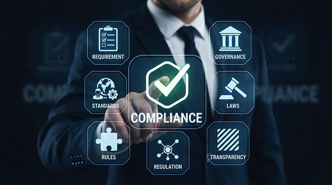 Businessman touching digital screen with compliance and governance icons concept