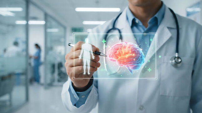 Doctor interacting with futuristic holographic brain interface in a hospital