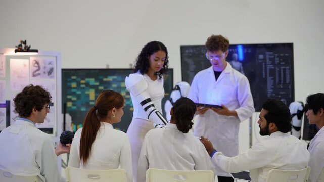Curly-haired woman in an exoskeleton arm lifts a sensor ball during a live demo for a seated team, colleague with tablet beside her, during a hands-on test, an embodied AI research scene