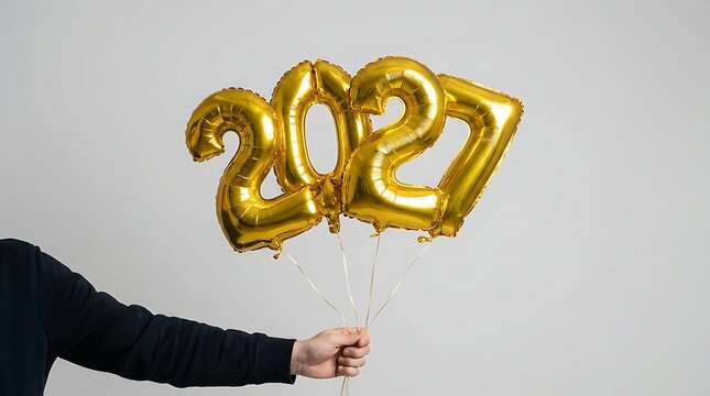 Golden 2023 foil balloons held aloft against a neutral gray background celebrating the new year