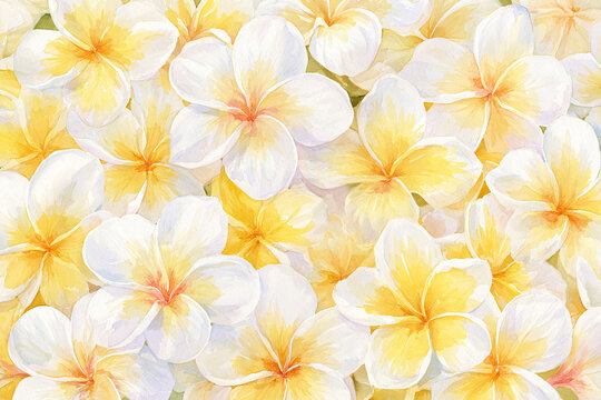 Watercolor full-frame illustration of champa frangipani flowers with fragrant white and yellow champa blooms, with a soft, delicate pastel arrangement
