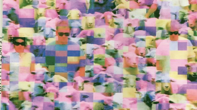 Fragmented male portraits repeat across colorful pixelated glitch collage