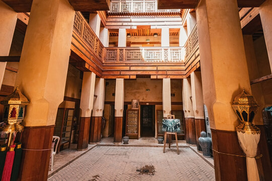 Internal yard in traditional fundouk or karavan sarai in Fes old town Medina in Morocco