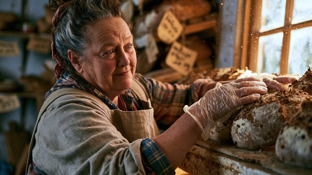 Elderly Caucasian woman baker sorting fresh bread loaves on wooden tray in bakery