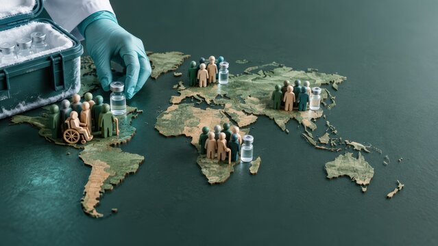 global health accessibility. Gloved hand holding vial near world map with figurines and vials, symbolizing global vaccination and healthcare.