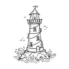 Sketched lighthouse on rocky island with ocean waves and seagulls represents maritime safety and coastal navigation themes for nautical branding and storytelling. © Mr WaQaS