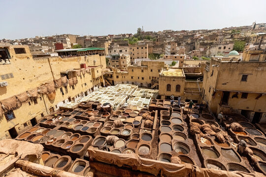 Leather coloring at  the tannery top view in Fes, Morocco