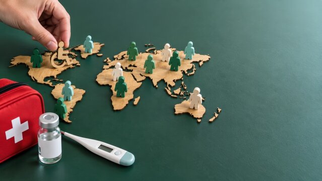 global health accessibility. Hand placing a healthcare symbol on a wooden world map with medical kit, vaccine vial, and thermometer nearby.