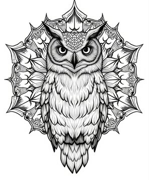 Intricate Black and White Line Art of a Steampunk Owl with Ornamental Halo Design
