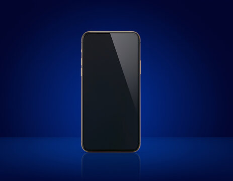 Advertising photograph of a sleek generic smartphone lying flat on a neutral blue background with subtle reflections