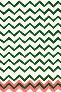 Hand painted green chevron stripes repeat across a cream background, accented by contrasting pink zigzag bands along the lower edge.