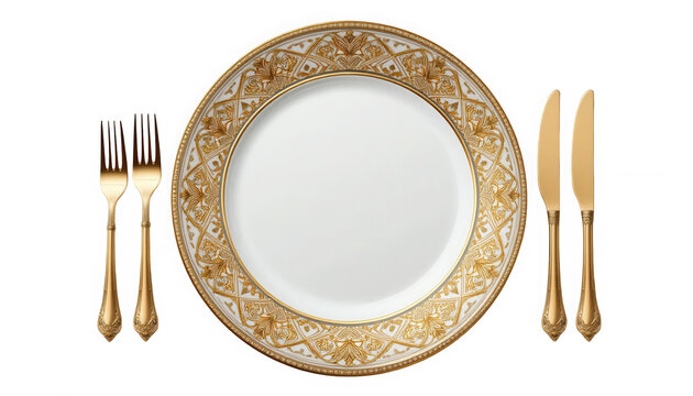 Elegant dinner plate with golden forks and knives with matching gold on transparent background