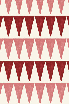Hand-painted rows of alternating pink and deep red triangular pennants form a festive geometric pattern on cream.