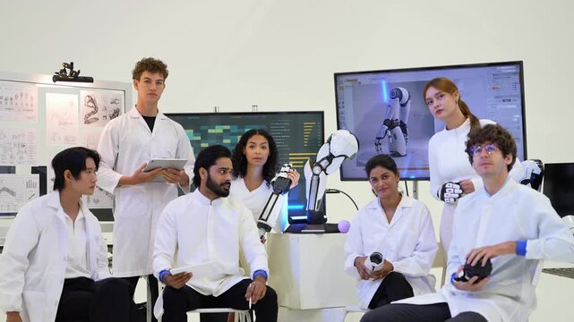 Bearded engineer turns a robotic arm shell to show seated colleagues while an Indian engineer and a curly-haired engineer look on and a colleague holds a tablet