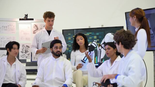 Bearded engineer speaks in a seated robotics meeting as a curly-haired woman holds up a bionic hand and a colleague with a tablet stands behind, robotics R and D