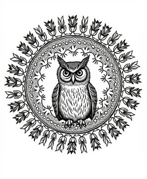 Ornamental black and white detailed owl with floral circle design for art and decor