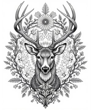 Detailed black and white illustration of a majestic deer with large antlers surrounded by floral and botanical motifs