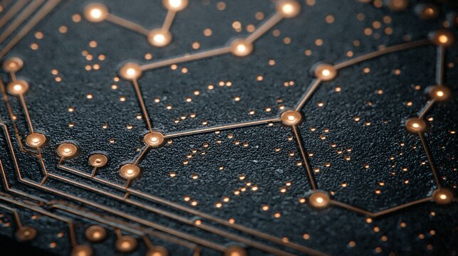 Dark blue microchip circuit board with glowing gold constellation pattern abstract close-up