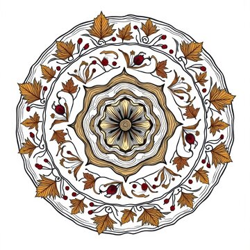 Elegant symmetrical autumn-themed mandala with leaves berries and intricate pattern design