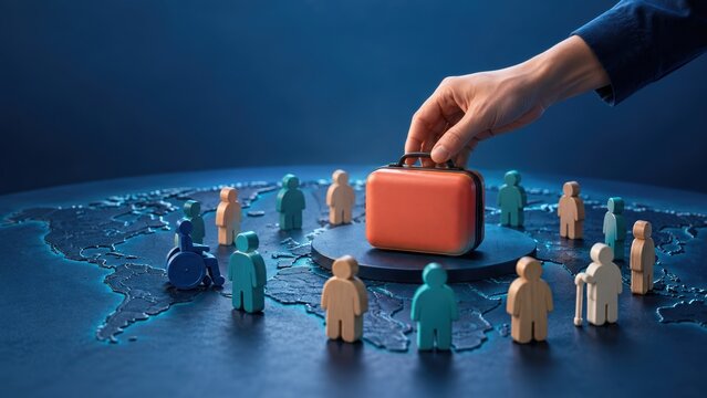 global health accessibility. Hand holding a small red suitcase over a world map surrounded by diverse human figurines symbolizing global travel.