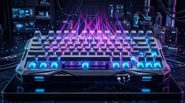 Floating Keycap Mechanical Keyboard with Neon Blue Purple Glow, unusual cyberpunk design reveals glowing switches beneath suspended sculptural keys.