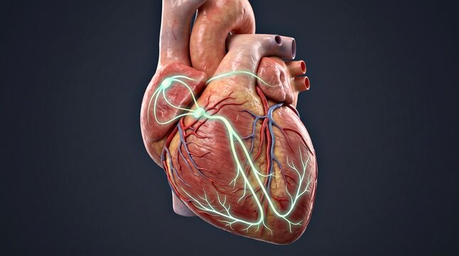 Detailed visualization of the heart's electrical conduction system, illustrating cardiac signaling and normal heartbeat physiology.