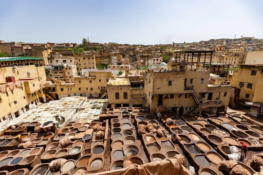 Leather coloring at  the tannery top view in Fes, Morocco