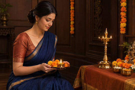 Devotional indian woman performing aarti with flower plate and diya during durga puja navratri diwali worship featuring ritual woman in traditional home
