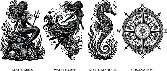 Set of black nautical silhouettes vector illustration featuring seated siren water nymph styled seahorse and compass rose © MstSahara