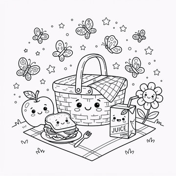 Cute picnic basket with sandwich and juice box coloring page illustration