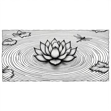 Artistic Black and White Illustration of Water Lily with Ripples and Dragonfly on Water Surface
