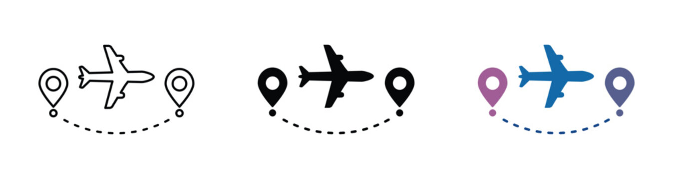 Airplane travel icon with plane, flight route and location pin symbol. Vector illustration