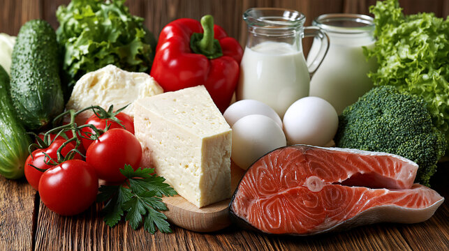 Assorted fresh groceries including raw salmon filet cheese and vegetables on wood