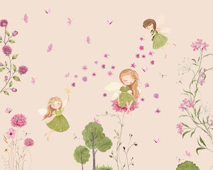  Fairy Garden Wallpaper for Girls Room, Cute Flying Fairies with Flowers Mural, Magical Princess Nursery Wall Art © Mondal Creation
