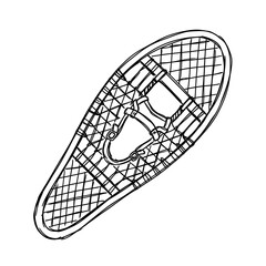 Traditional snowshoe sketch with woven mesh frame isolated on grey background for winter sports equipment and arctic exploration travel adventure themed graphics. © Mr WaQaS