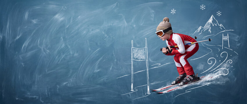 Child skier in winter gear posing with chalk-drawn snowy mountains
