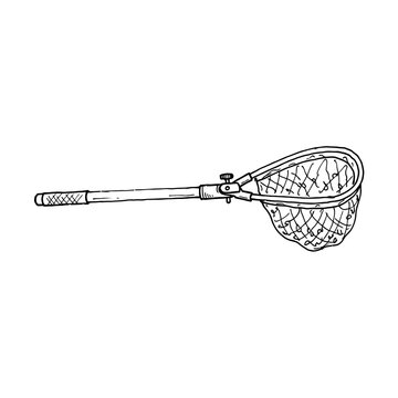 Hand drawn fishing landing net with telescopic handle black ink sketch on transparent background for angling equipment catalogs or recreational fishing designs.