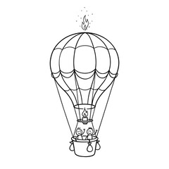 Decorative hot air balloon line art illustration featuring smiling stick figures in basket with flame for adventure travel and vacation themed graphic design projects. © Mr WaQaS