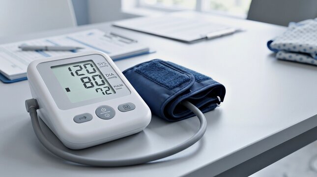 Generic digital blood pressure monitoring equipment in a clean healthcare setting, representing cardiovascular health and patient monitoring.