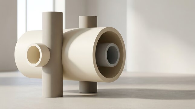 Abstract minimalist sculpture made of interconnected cylindrical forms in a bright, modern interior setting.