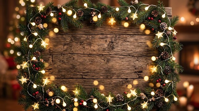 Festive holiday background with a rustic wooden texture and glowing string lights