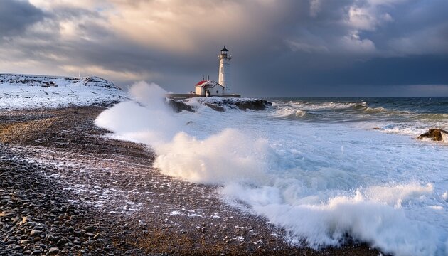 snow covers the shore near a lighthouse with waves crashing under a cloudy sky