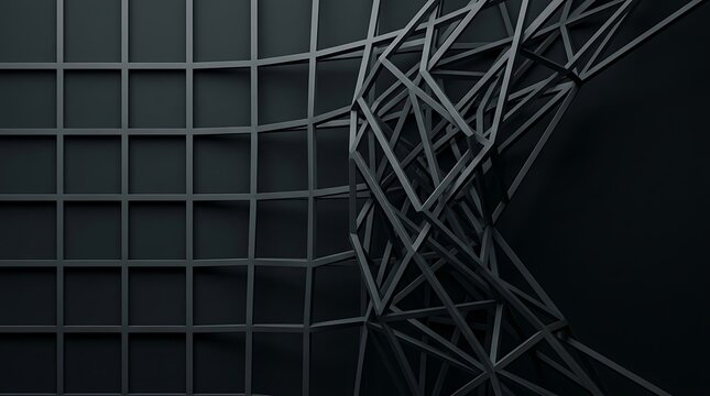 A dark, monochromatic composition featuring a structured grid on one side and an intricate, dynamic geometric sculpture on the other, creating a modern abstract design.